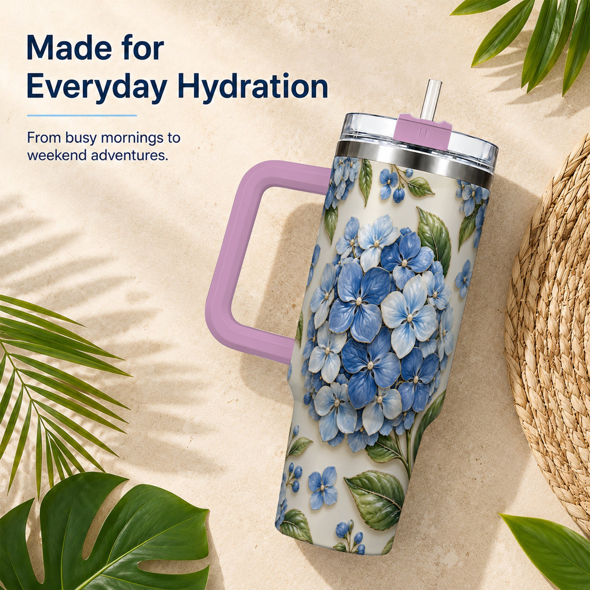#pl[40oz|Pink] Hydrangea Floral 40oz Tumbler with Handle, Botanical Travel Cup