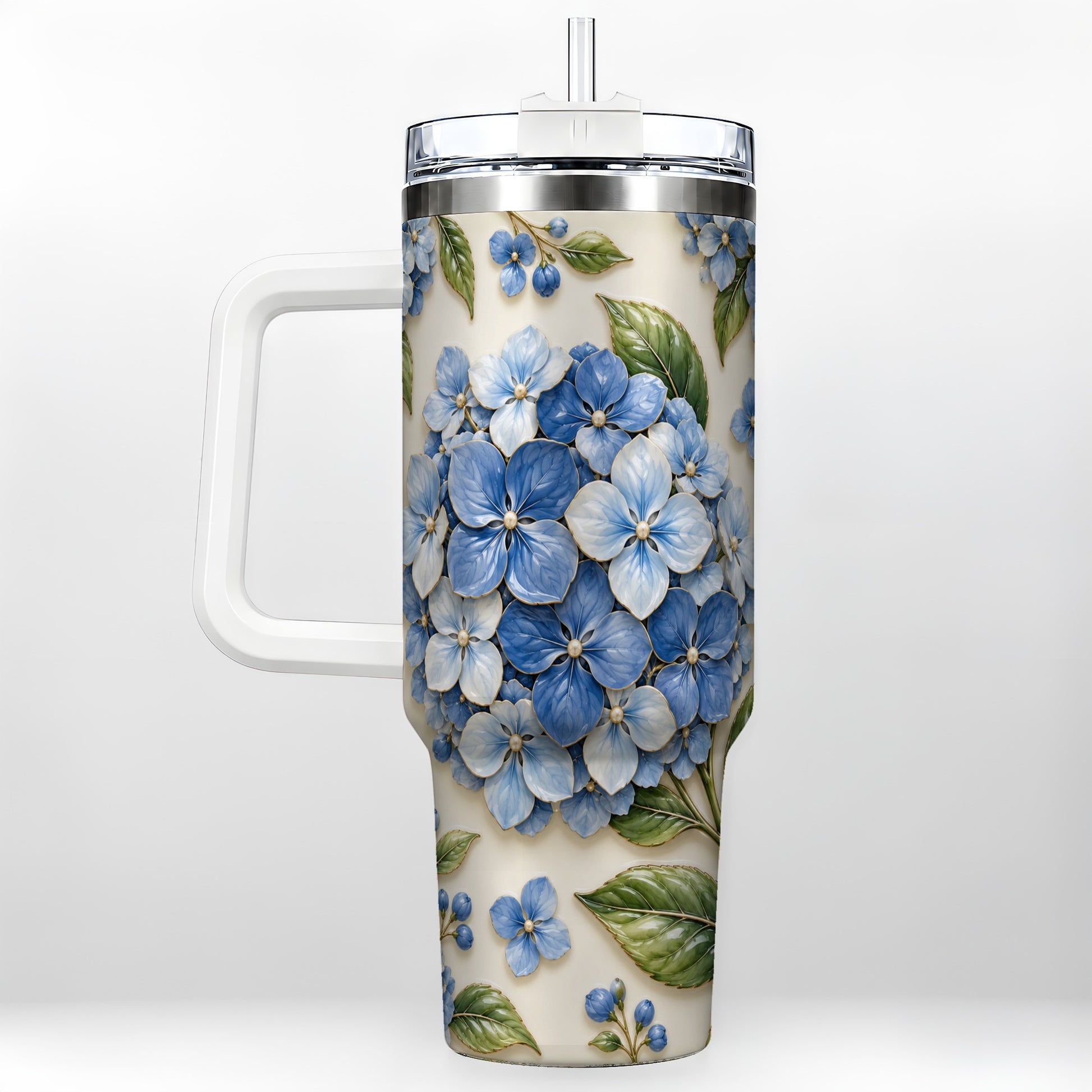 Hydrangea Floral 40oz Tumbler with Handle, Botanical Travel Cup