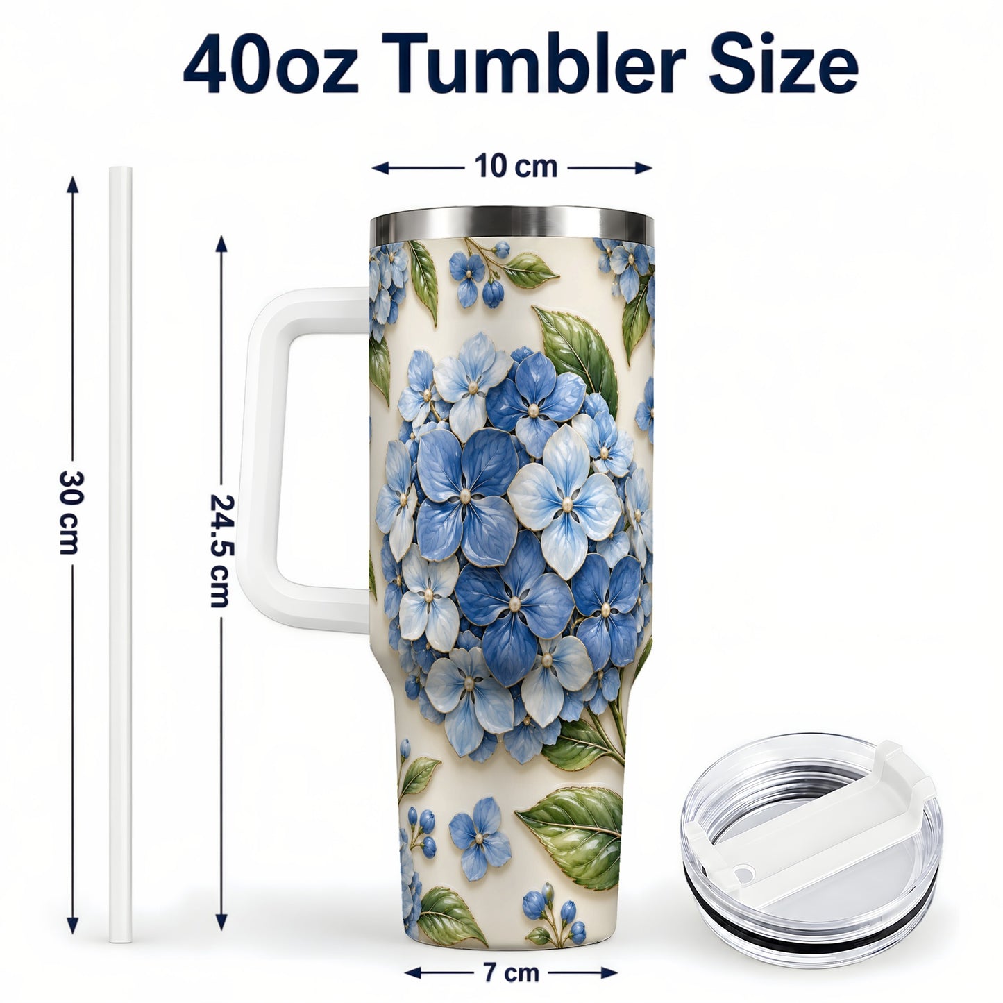 #pl[40oz|White] Hydrangea Floral 40oz Tumbler with Handle, Botanical Travel Cup