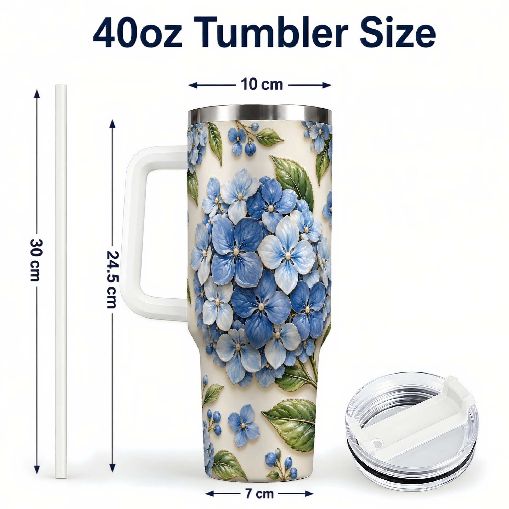 #pl[40oz|White] Hydrangea Floral 40oz Tumbler with Handle, Botanical Travel Cup