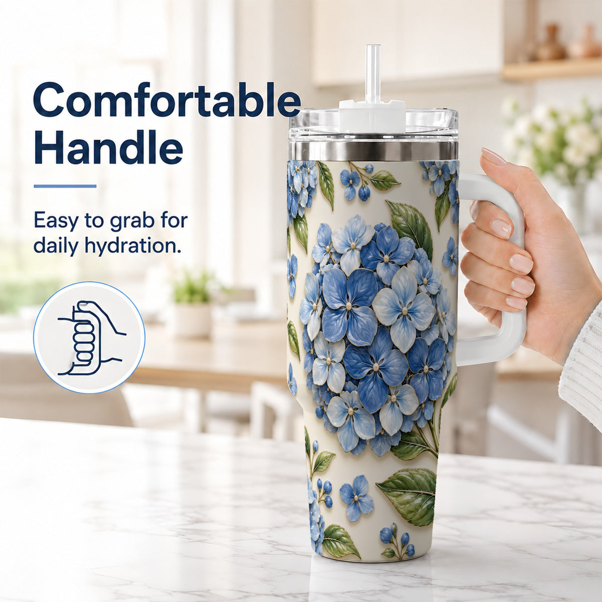 #pl[40oz|White] Hydrangea Floral 40oz Tumbler with Handle, Botanical Travel Cup