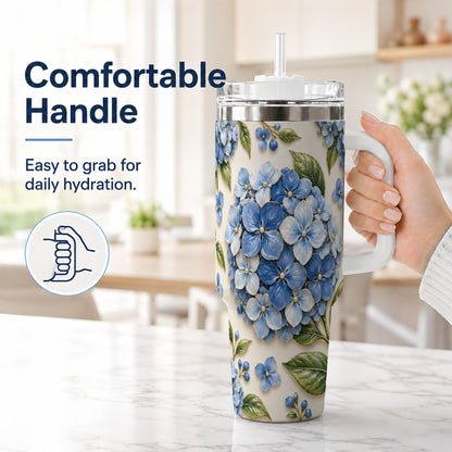 #pl[40oz|White] Hydrangea Floral 40oz Tumbler with Handle, Botanical Travel Cup