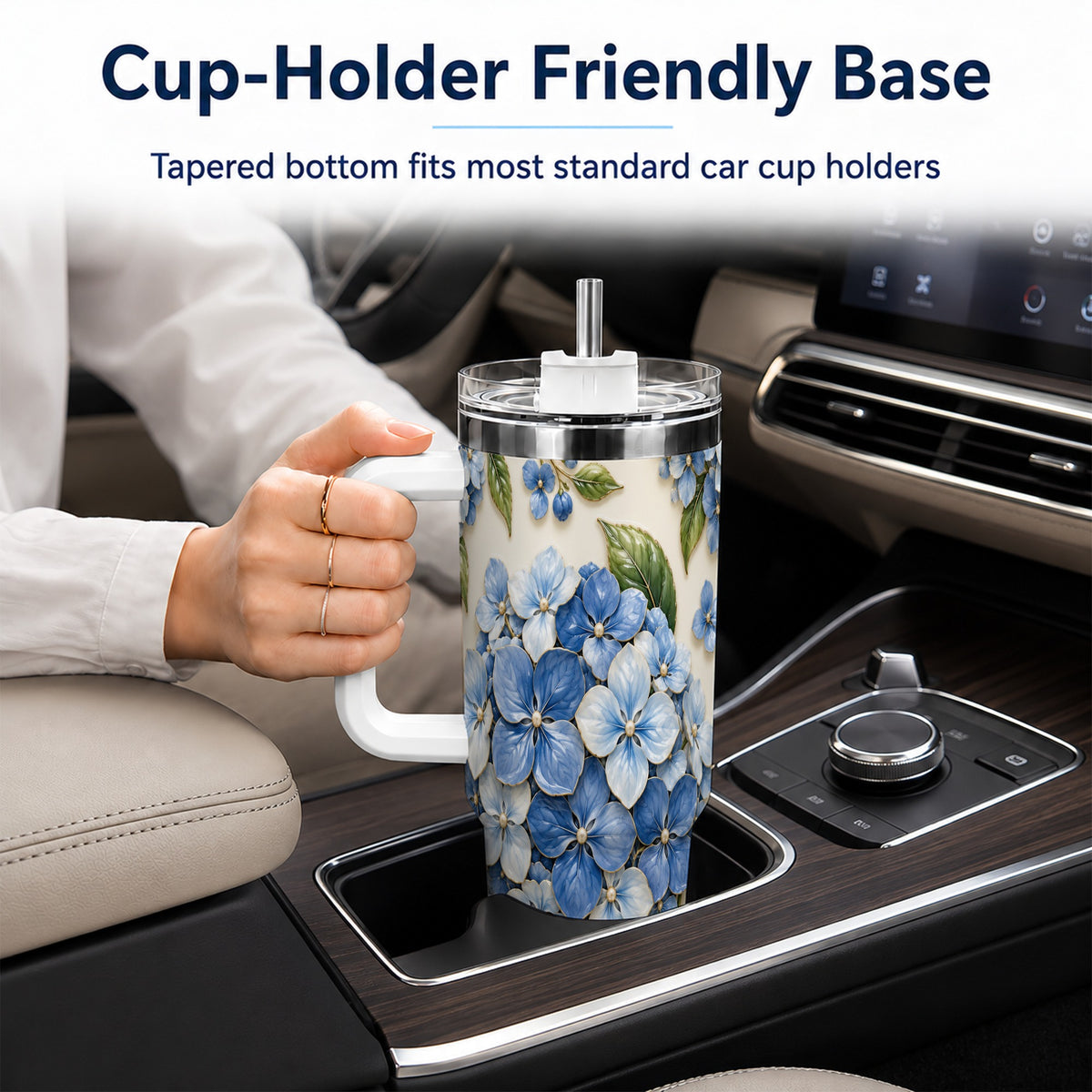 #pl[40oz|White] Hydrangea Floral 40oz Tumbler with Handle, Botanical Travel Cup