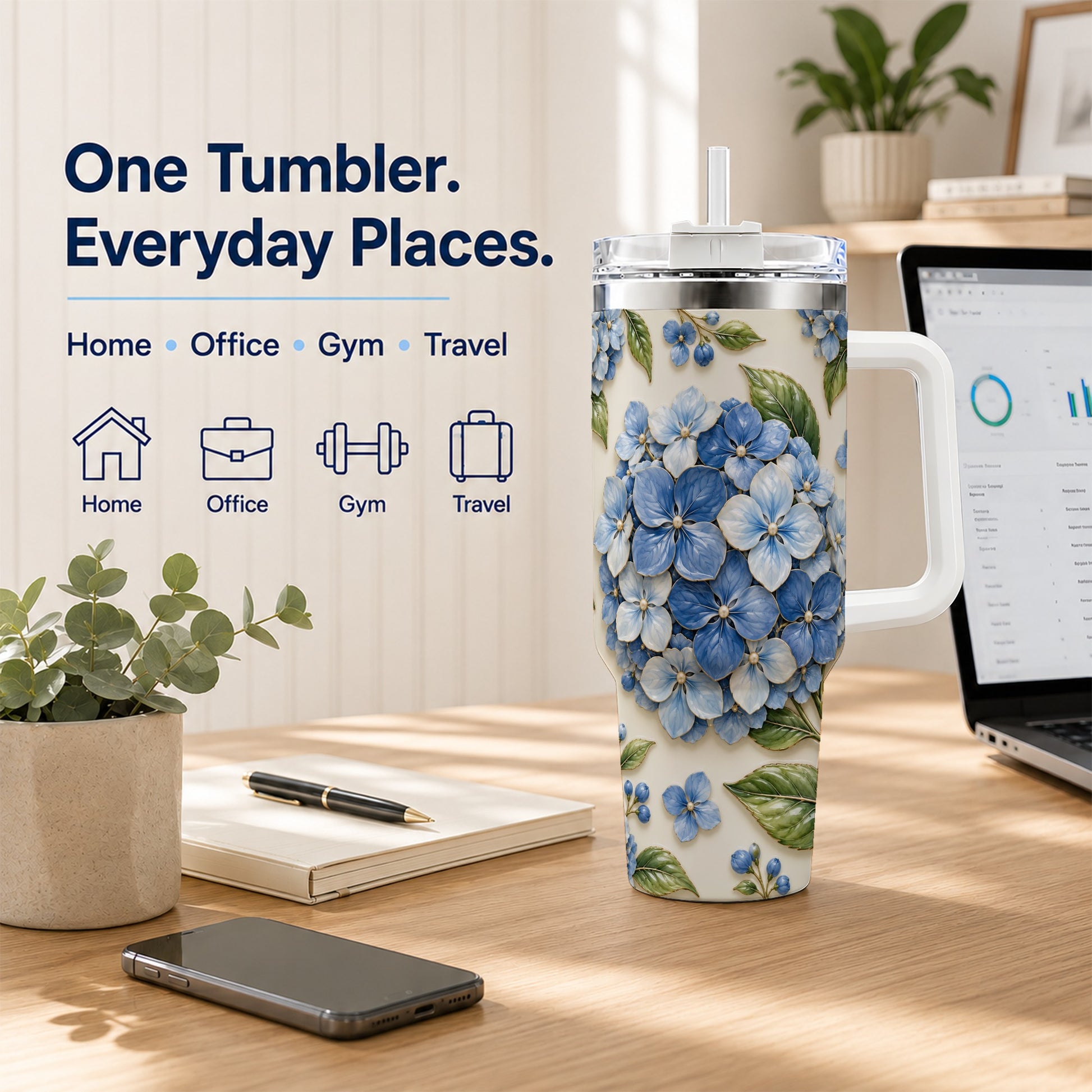 #pl[40oz|White] Hydrangea Floral 40oz Tumbler with Handle, Botanical Travel Cup