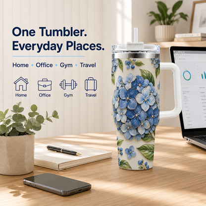 #pl[40oz|White] Hydrangea Floral 40oz Tumbler with Handle, Botanical Travel Cup