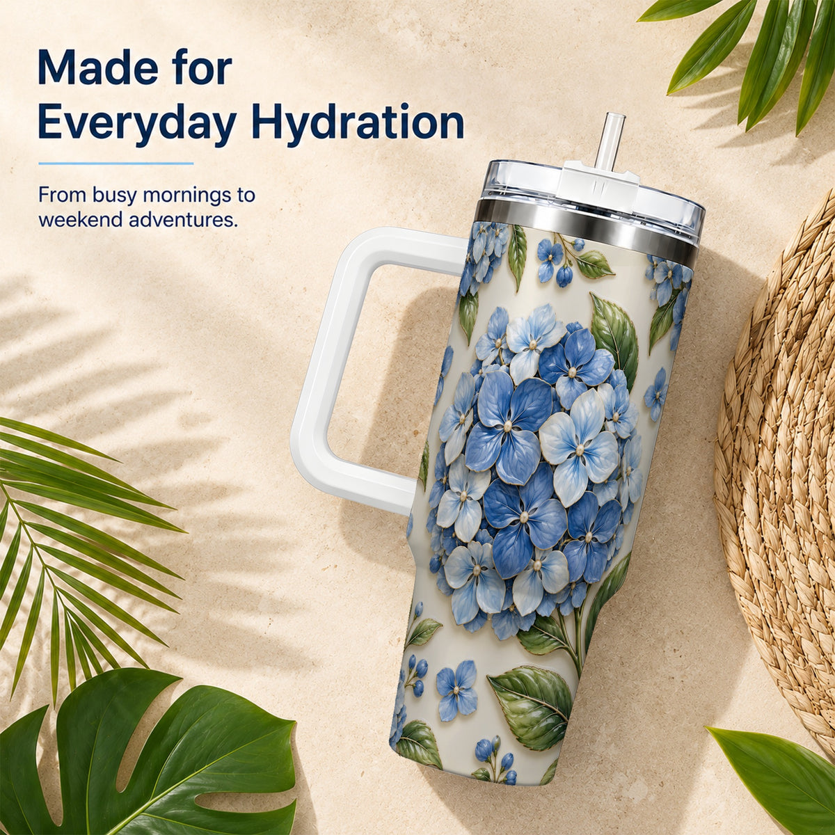 #pl[40oz|White] Hydrangea Floral 40oz Tumbler with Handle, Botanical Travel Cup
