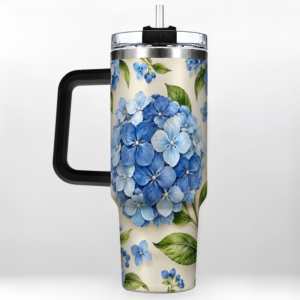 #pl[40oz|Black] Hydrangea Floral 40oz Tumbler with Handle, Watercolor Travel Cup