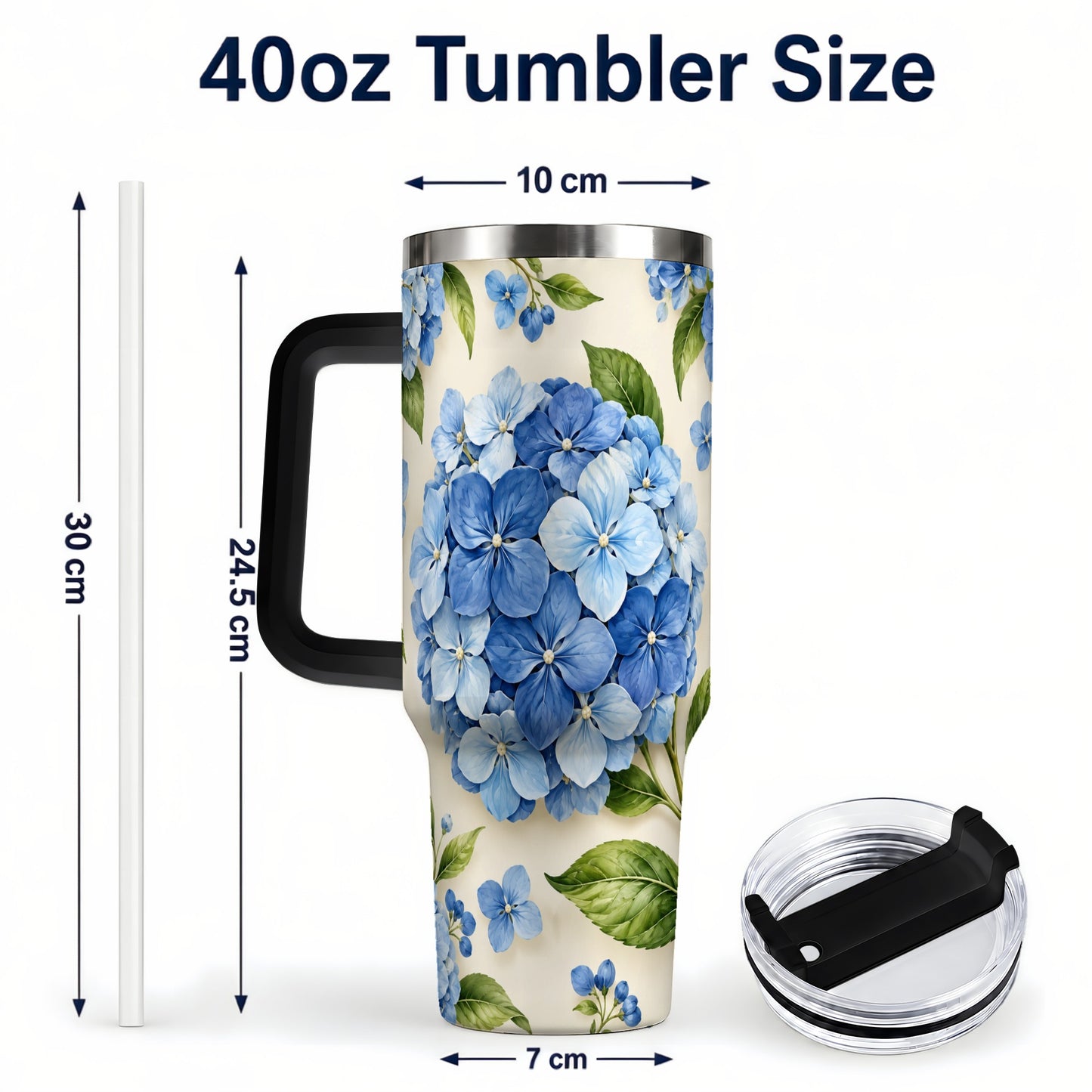 #pl[40oz|Black] Hydrangea Floral 40oz Tumbler with Handle, Watercolor Travel Cup