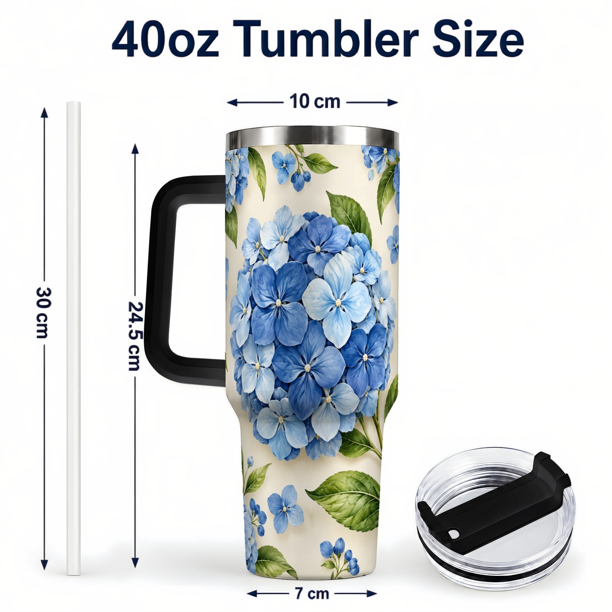 #pl[40oz|Black] Hydrangea Floral 40oz Tumbler with Handle, Watercolor Travel Cup