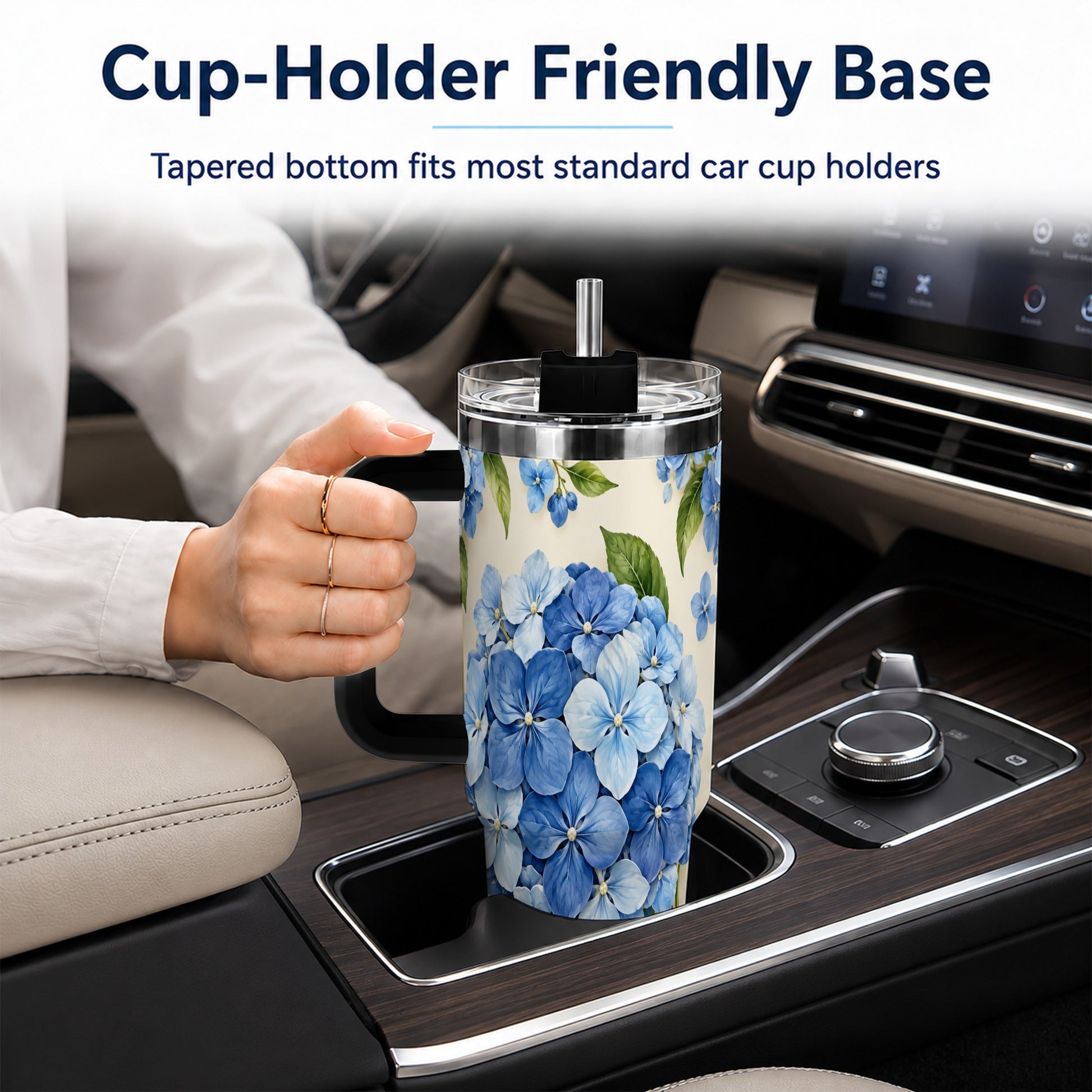 #pl[40oz|Black] Hydrangea Floral 40oz Tumbler with Handle, Watercolor Travel Cup