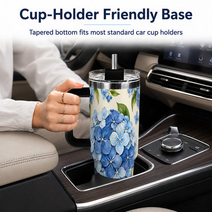 #pl[40oz|Black] Hydrangea Floral 40oz Tumbler with Handle, Watercolor Travel Cup