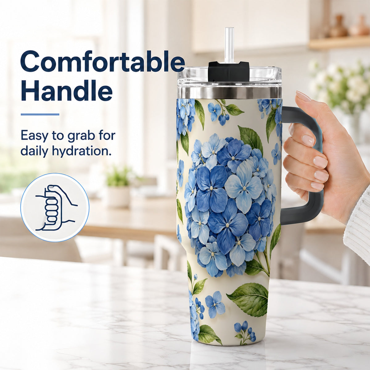 #pl[40oz|Black] Hydrangea Floral 40oz Tumbler with Handle, Watercolor Travel Cup