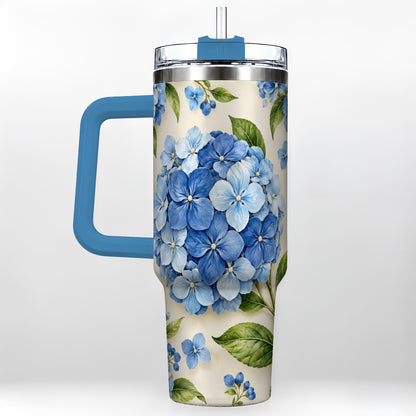 #pl[40oz|Blue] Hydrangea Floral 40oz Tumbler with Handle, Watercolor Travel Cup