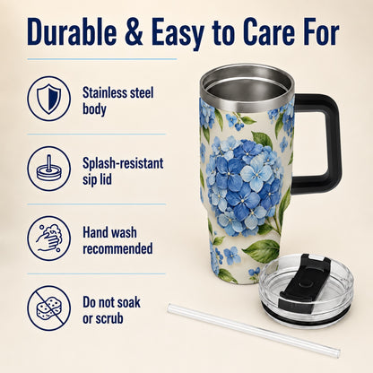 #pl[40oz|Black] Hydrangea Floral 40oz Tumbler with Handle, Watercolor Travel Cup