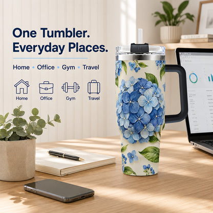 #pl[40oz|Black] Hydrangea Floral 40oz Tumbler with Handle, Watercolor Travel Cup