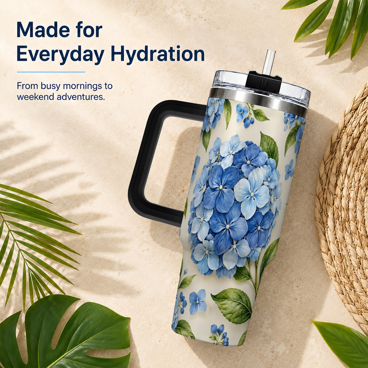 #pl[40oz|Black] Hydrangea Floral 40oz Tumbler with Handle, Watercolor Travel Cup