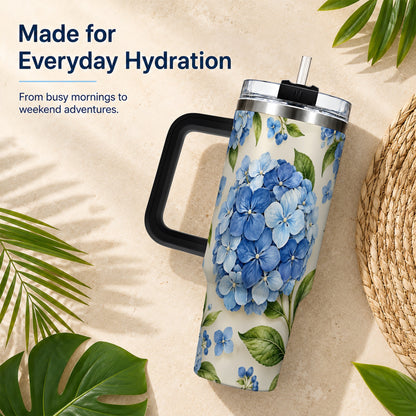 #pl[40oz|Black] Hydrangea Floral 40oz Tumbler with Handle, Watercolor Travel Cup