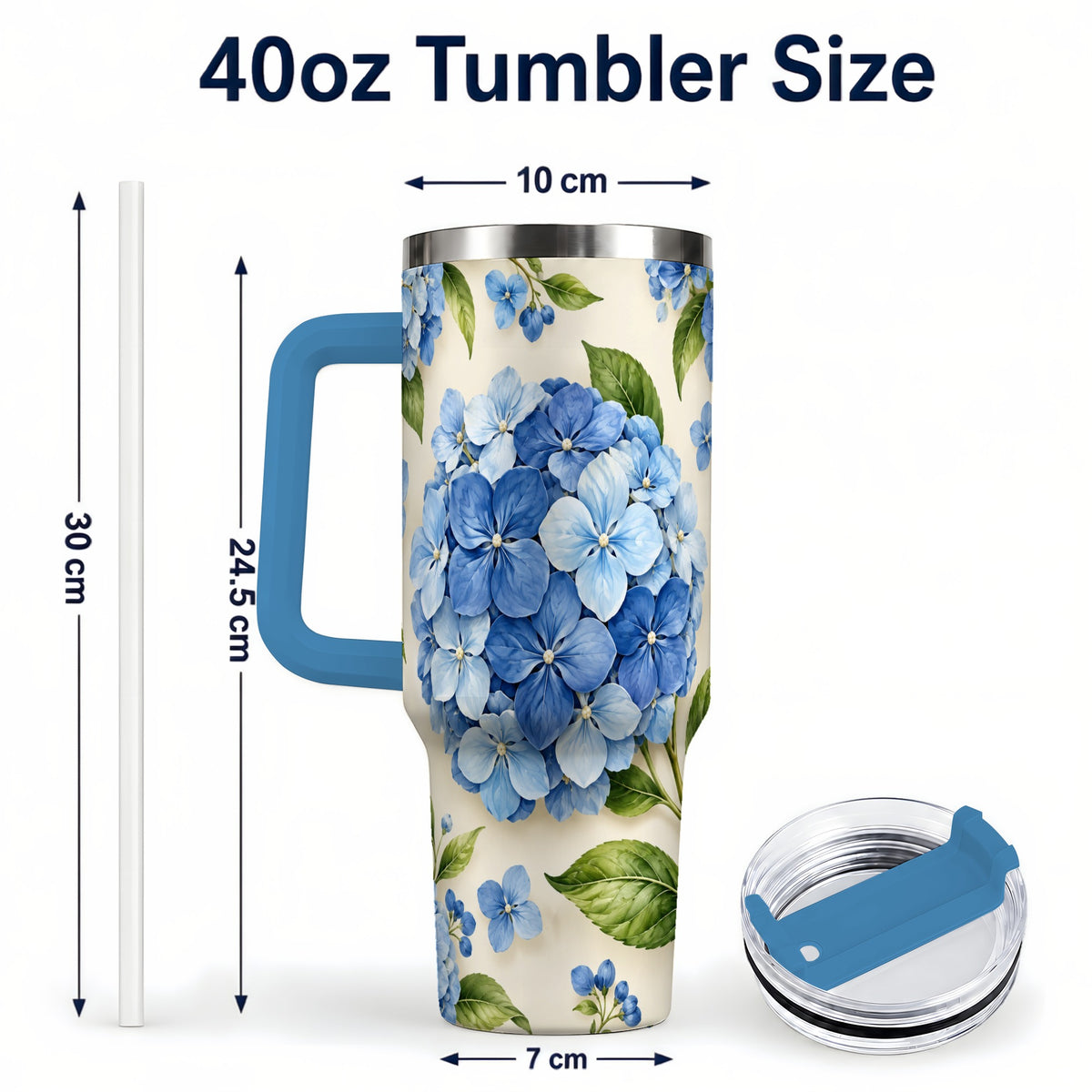 #pl[40oz|Blue] Hydrangea Floral 40oz Tumbler with Handle, Watercolor Travel Cup