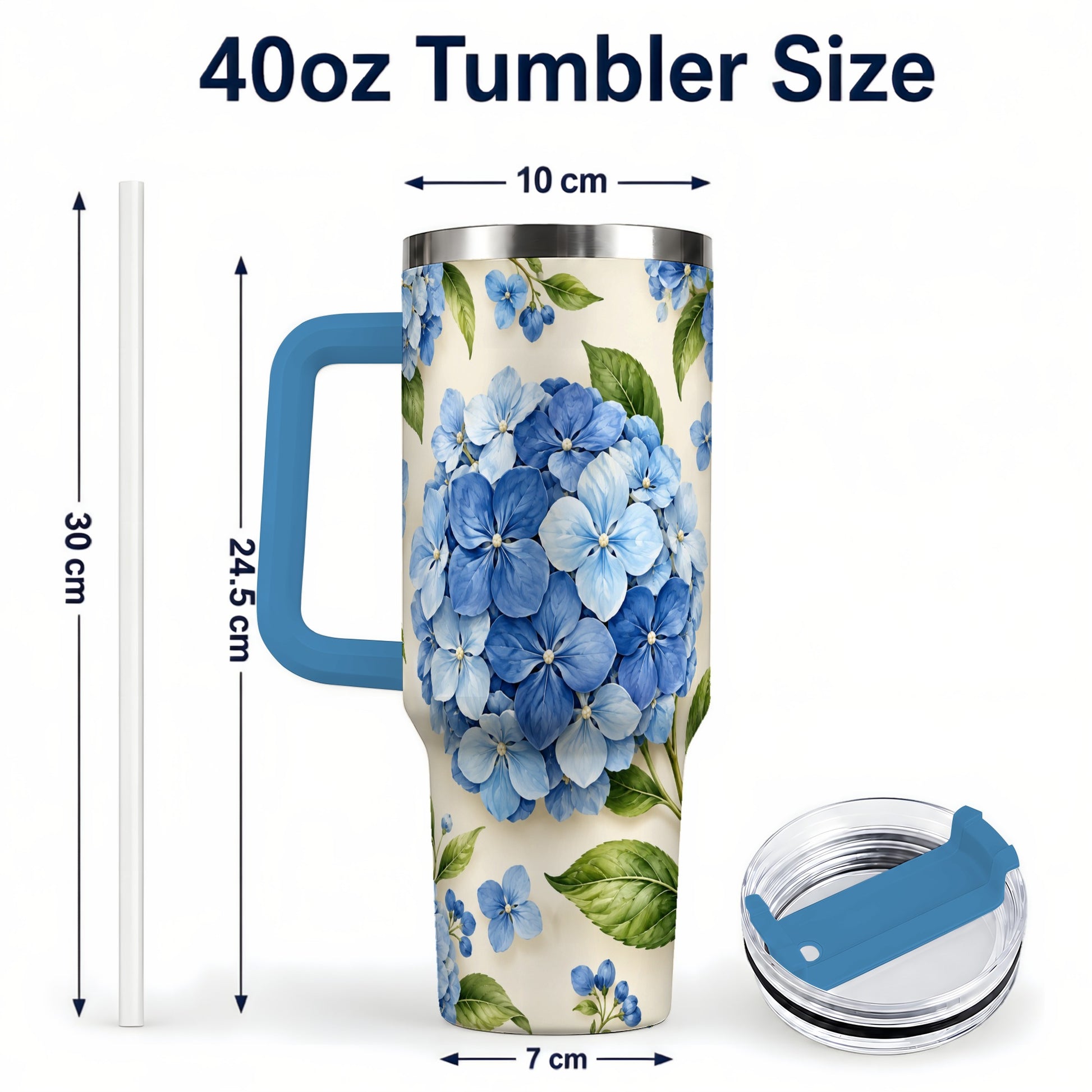 #pl[40oz|Blue] Hydrangea Floral 40oz Tumbler with Handle, Watercolor Travel Cup