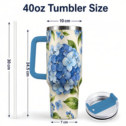 #pl[40oz|Blue] Hydrangea Floral 40oz Tumbler with Handle, Watercolor Travel Cup