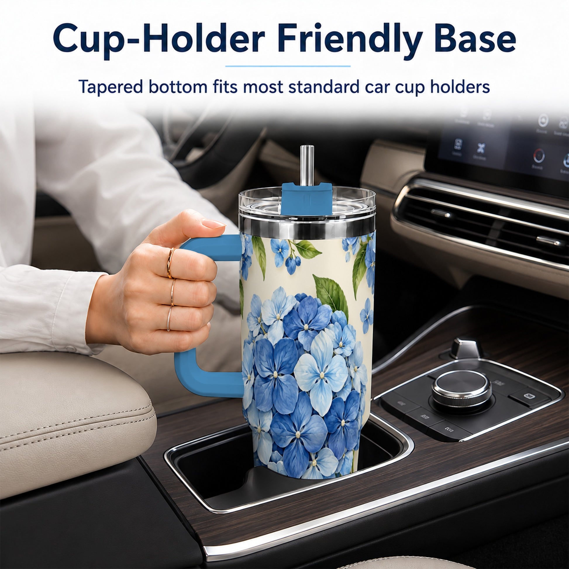 #pl[40oz|Blue] Hydrangea Floral 40oz Tumbler with Handle, Watercolor Travel Cup