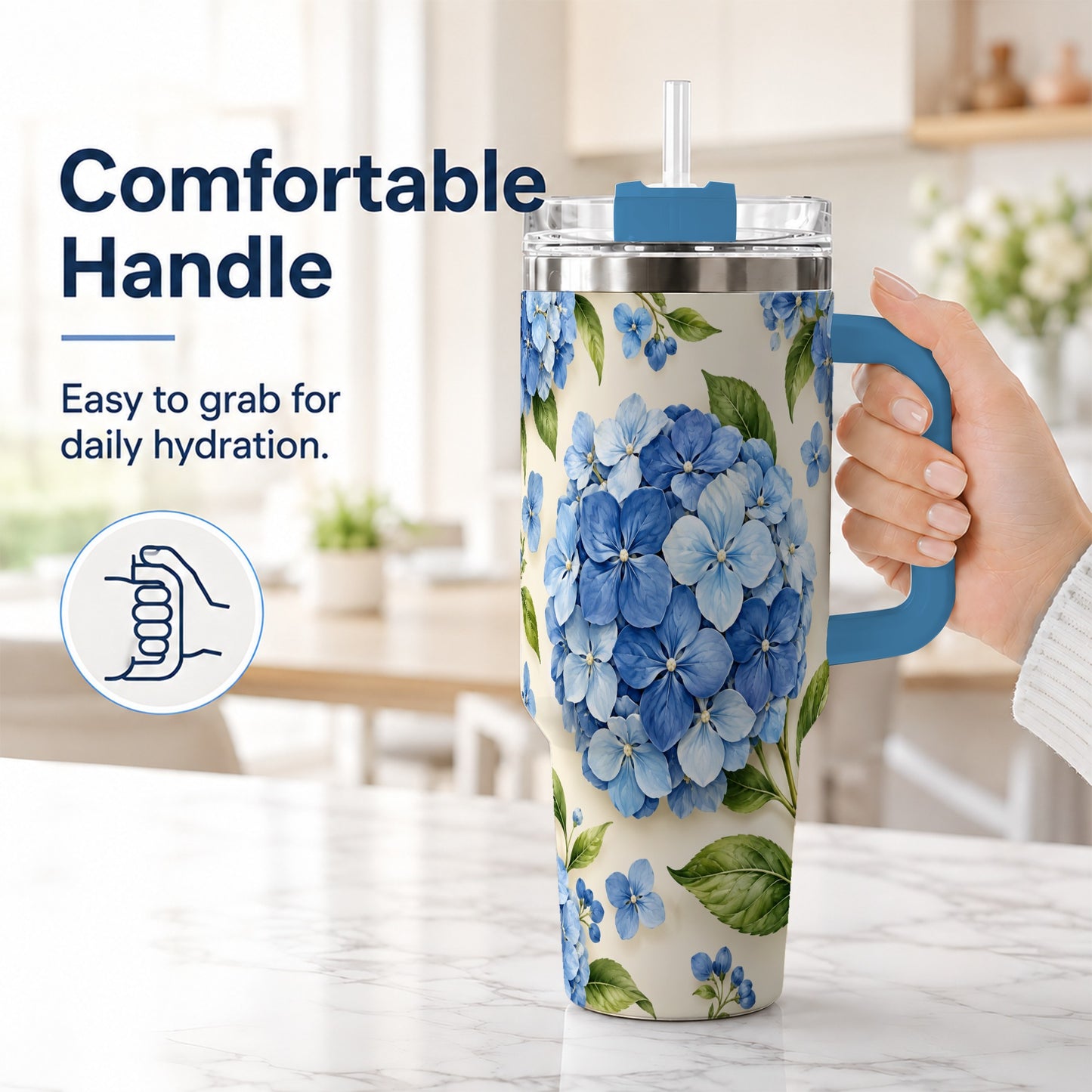 #pl[40oz|Blue] Hydrangea Floral 40oz Tumbler with Handle, Watercolor Travel Cup