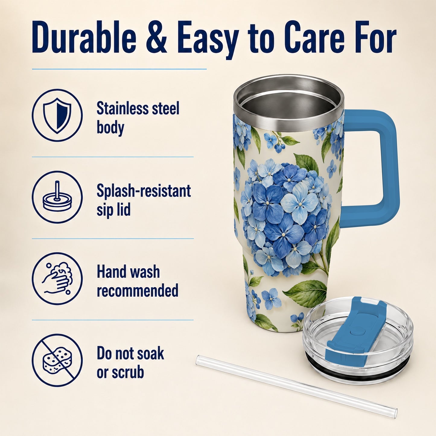 #pl[40oz|Blue] Hydrangea Floral 40oz Tumbler with Handle, Watercolor Travel Cup