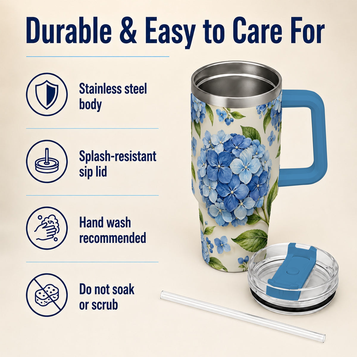 #pl[40oz|Blue] Hydrangea Floral 40oz Tumbler with Handle, Watercolor Travel Cup