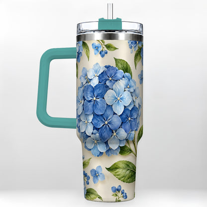 #pl[40oz|Green] Hydrangea Floral 40oz Tumbler with Handle, Watercolor Travel Cup