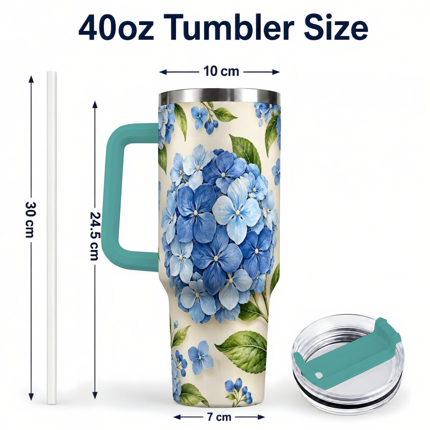 #pl[40oz|Green] Hydrangea Floral 40oz Tumbler with Handle, Watercolor Travel Cup