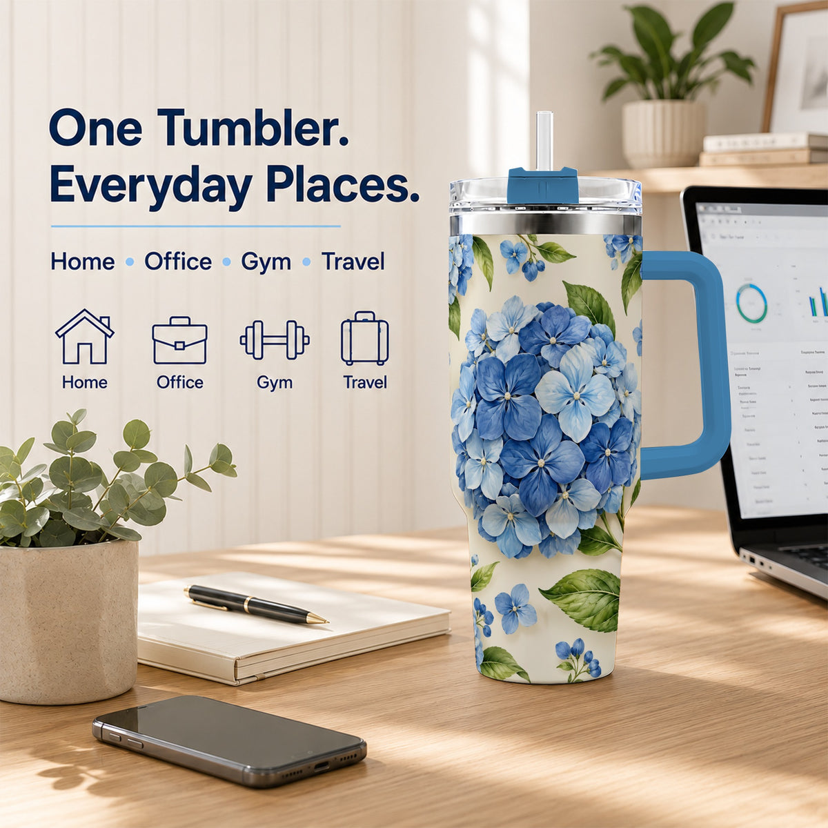 #pl[40oz|Blue] Hydrangea Floral 40oz Tumbler with Handle, Watercolor Travel Cup