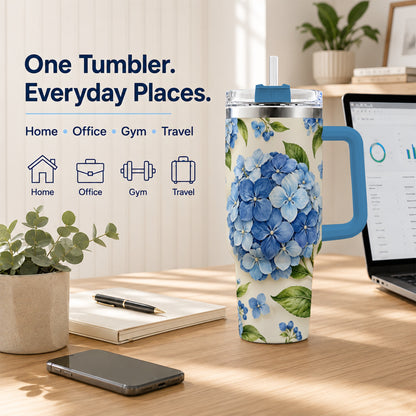 #pl[40oz|Blue] Hydrangea Floral 40oz Tumbler with Handle, Watercolor Travel Cup
