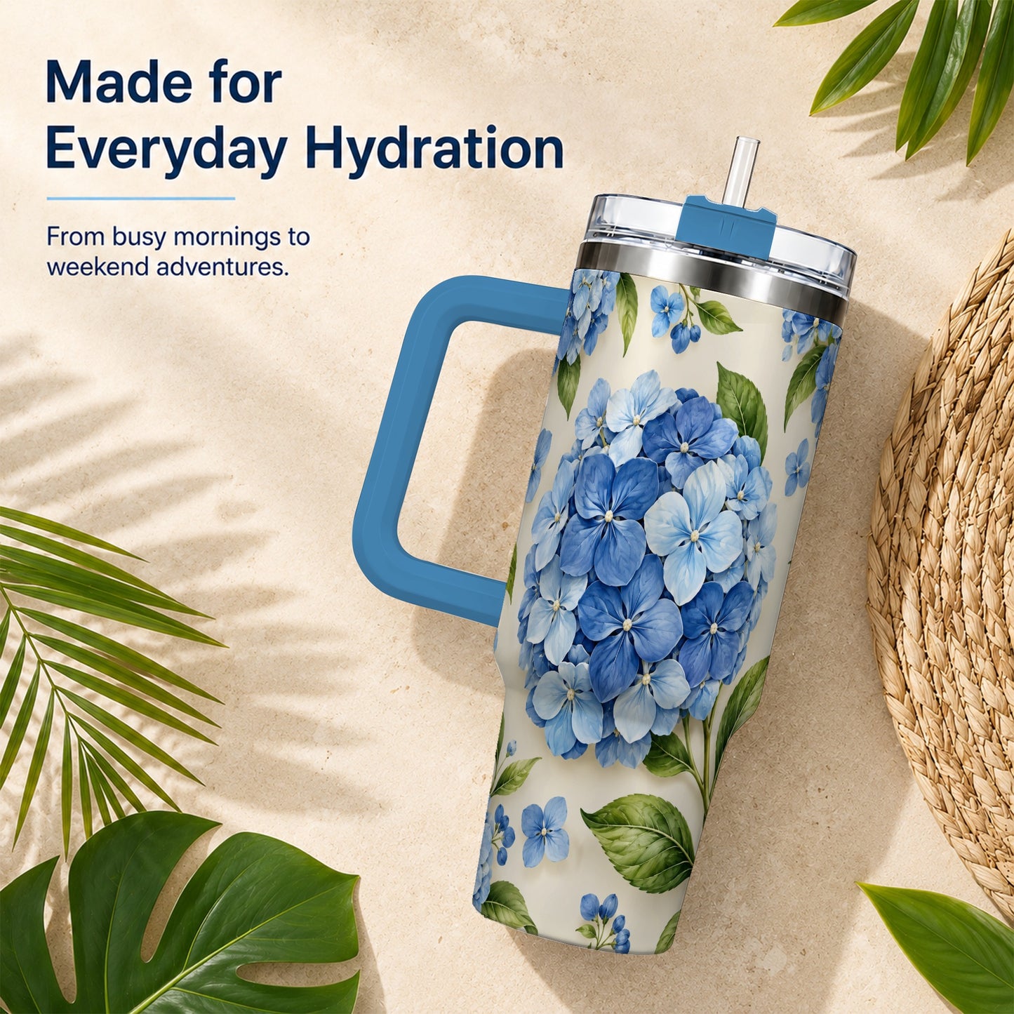 #pl[40oz|Blue] Hydrangea Floral 40oz Tumbler with Handle, Watercolor Travel Cup