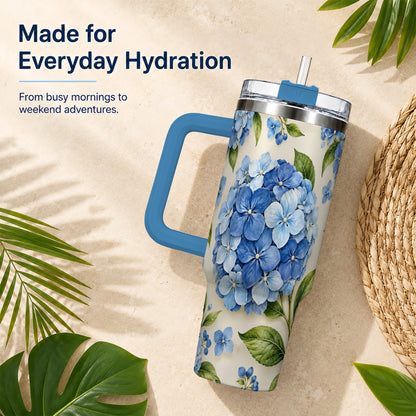 #pl[40oz|Blue] Hydrangea Floral 40oz Tumbler with Handle, Watercolor Travel Cup