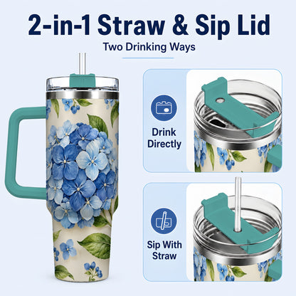 #pl[40oz|Green] Hydrangea Floral 40oz Tumbler with Handle, Watercolor Travel Cup