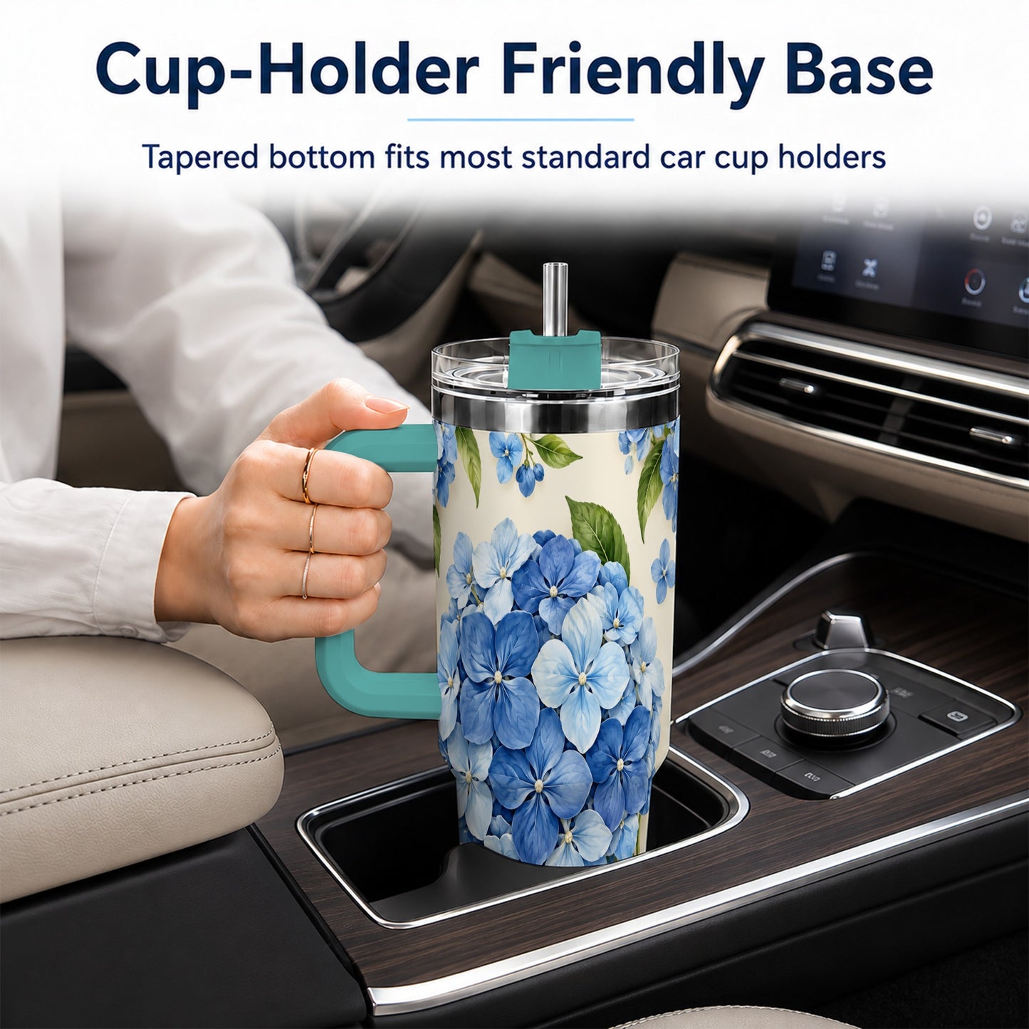 #pl[40oz|Green] Hydrangea Floral 40oz Tumbler with Handle, Watercolor Travel Cup