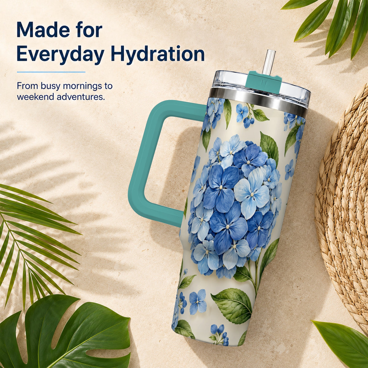 #pl[40oz|Green] Hydrangea Floral 40oz Tumbler with Handle, Watercolor Travel Cup