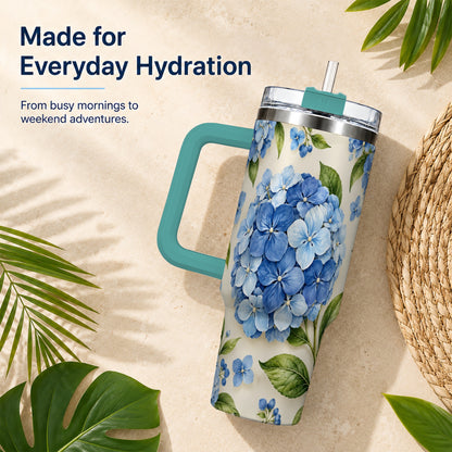 #pl[40oz|Green] Hydrangea Floral 40oz Tumbler with Handle, Watercolor Travel Cup