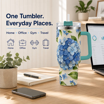 #pl[40oz|Green] Hydrangea Floral 40oz Tumbler with Handle, Watercolor Travel Cup