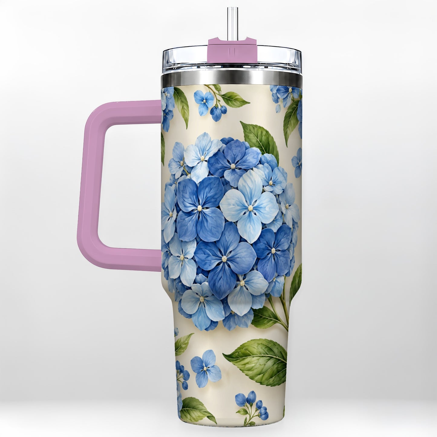#pl[40oz|Pink] Hydrangea Floral 40oz Tumbler with Handle, Watercolor Travel Cup