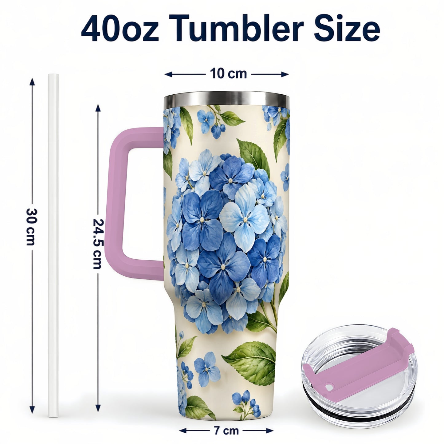 #pl[40oz|Pink] Hydrangea Floral 40oz Tumbler with Handle, Watercolor Travel Cup