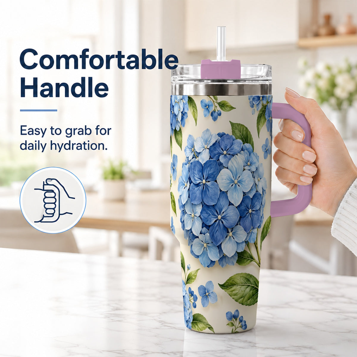 #pl[40oz|Pink] Hydrangea Floral 40oz Tumbler with Handle, Watercolor Travel Cup