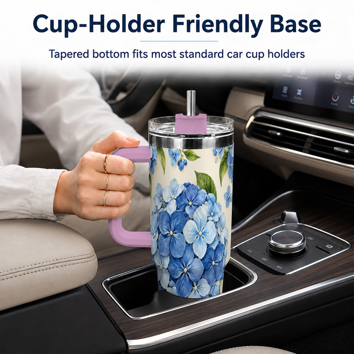 #pl[40oz|Pink] Hydrangea Floral 40oz Tumbler with Handle, Watercolor Travel Cup