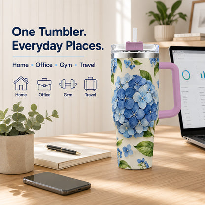 #pl[40oz|Pink] Hydrangea Floral 40oz Tumbler with Handle, Watercolor Travel Cup