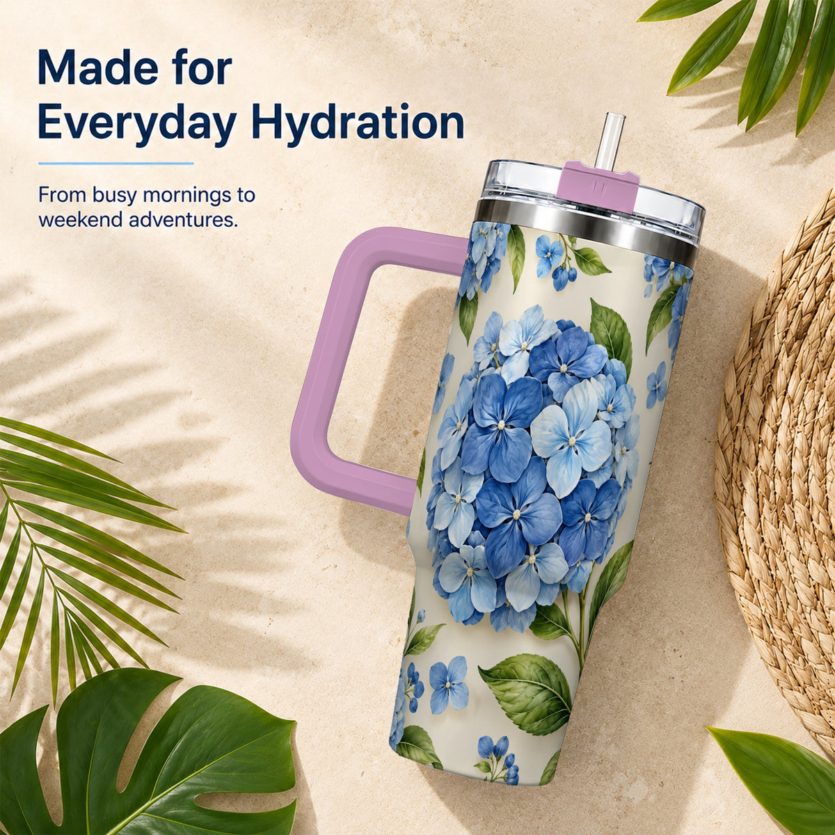 #pl[40oz|Pink] Hydrangea Floral 40oz Tumbler with Handle, Watercolor Travel Cup