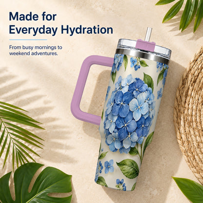 #pl[40oz|Pink] Hydrangea Floral 40oz Tumbler with Handle, Watercolor Travel Cup