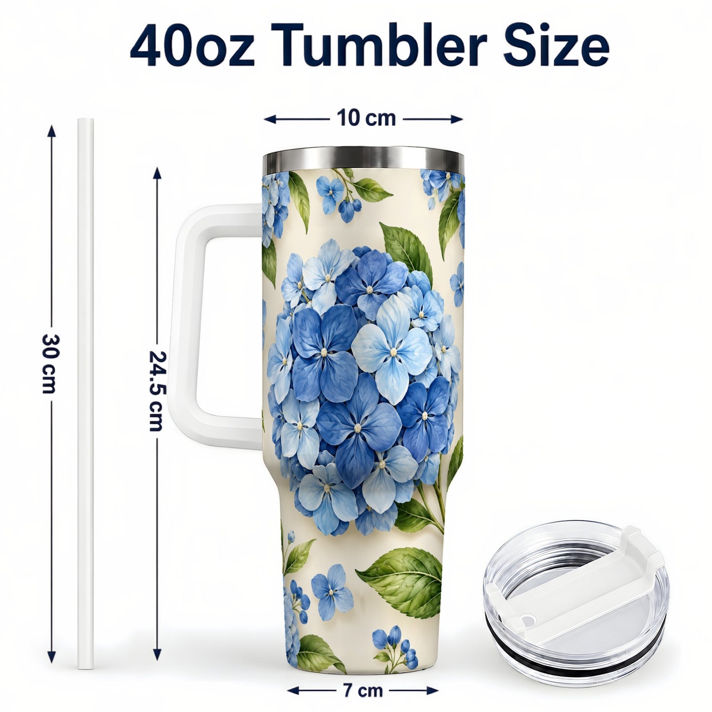 #pl[40oz|White] Hydrangea Floral 40oz Tumbler with Handle, Watercolor Travel Cup
