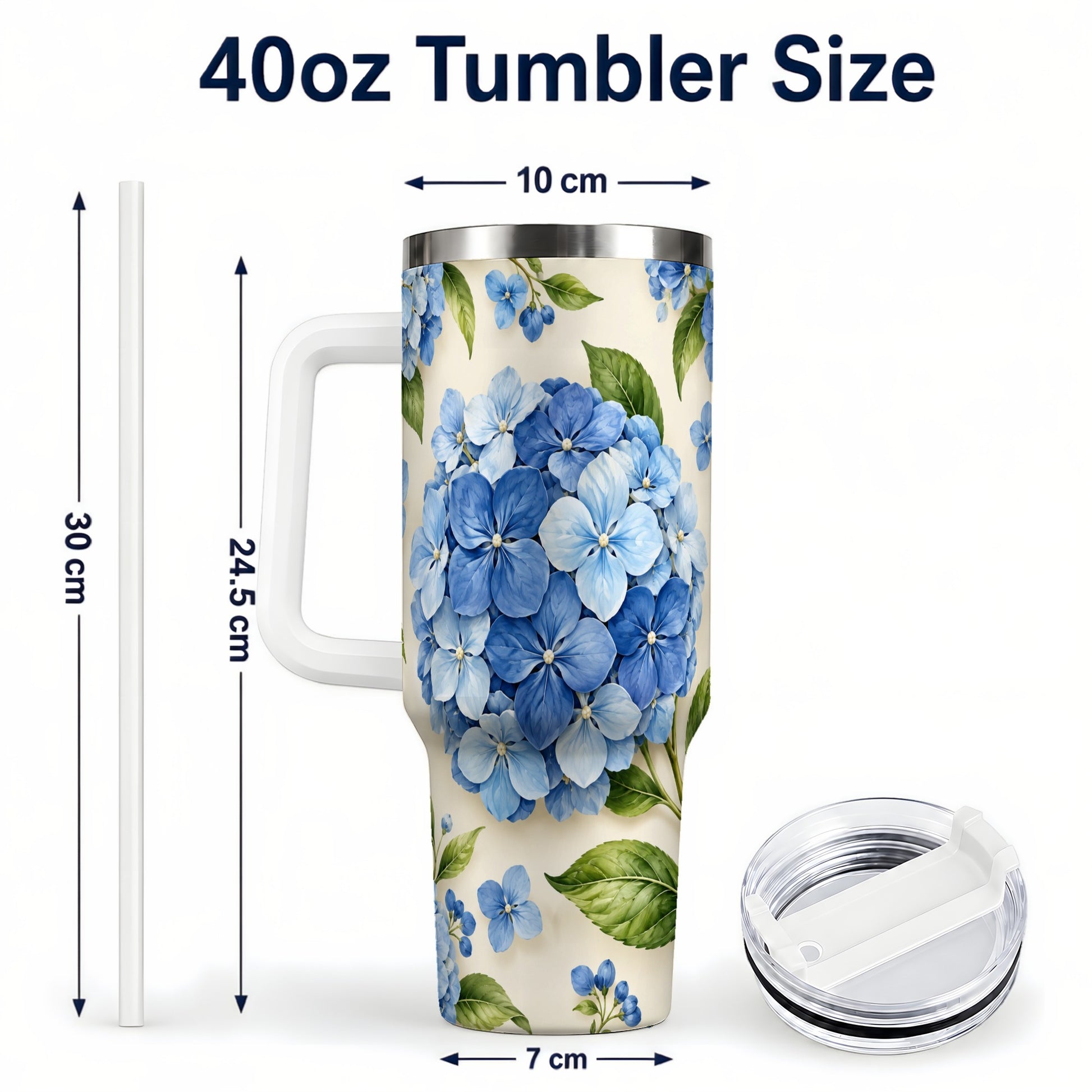 #pl[40oz|White] Hydrangea Floral 40oz Tumbler with Handle, Watercolor Travel Cup