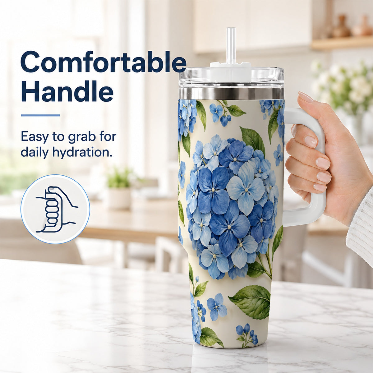 #pl[40oz|White] Hydrangea Floral 40oz Tumbler with Handle, Watercolor Travel Cup