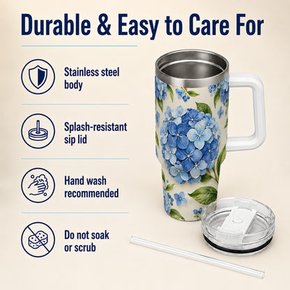 #pl[40oz|White] Hydrangea Floral 40oz Tumbler with Handle, Watercolor Travel Cup